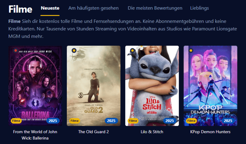 Screenshot der Benutzeroberfläche von Einschalten die eine moderne Streaming-Plattform mit Filmen und Serien anzeigt.